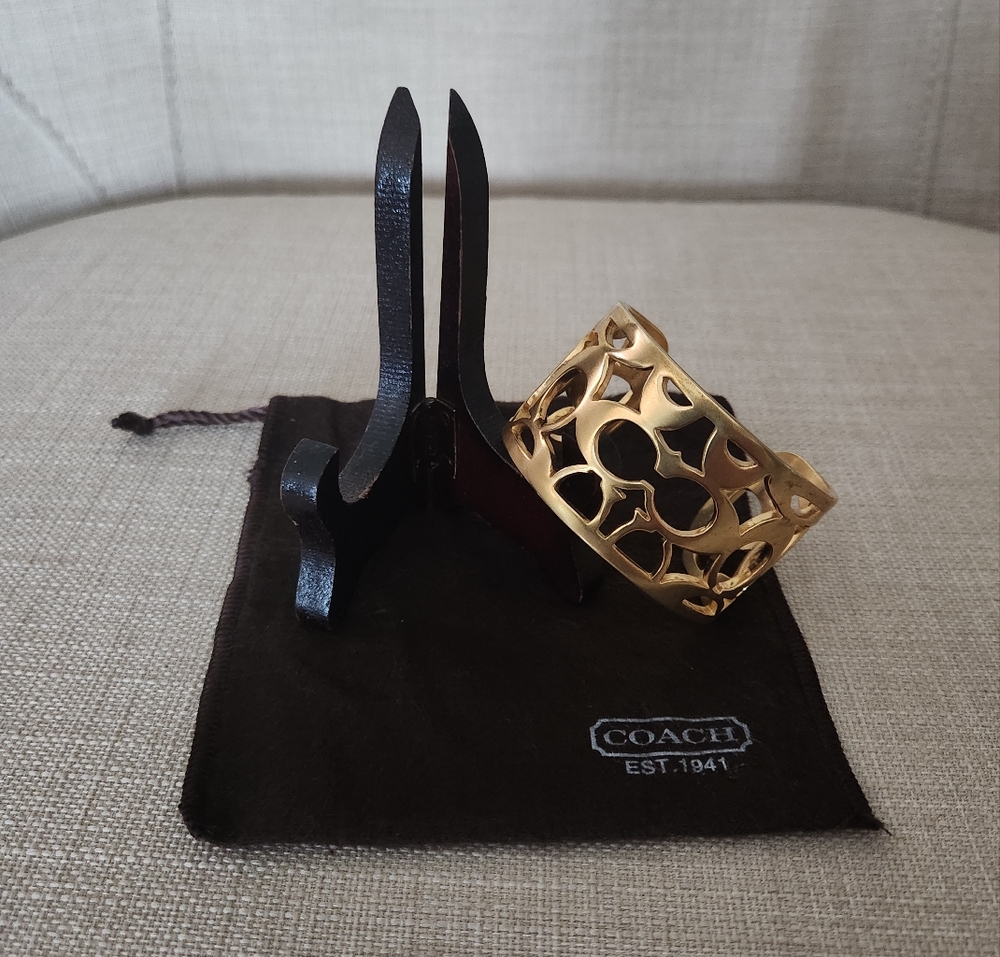 Rare Vintage Coach Gold Signature Monogram Cuff Bangle With Dust Bag - Picture 5 of 11